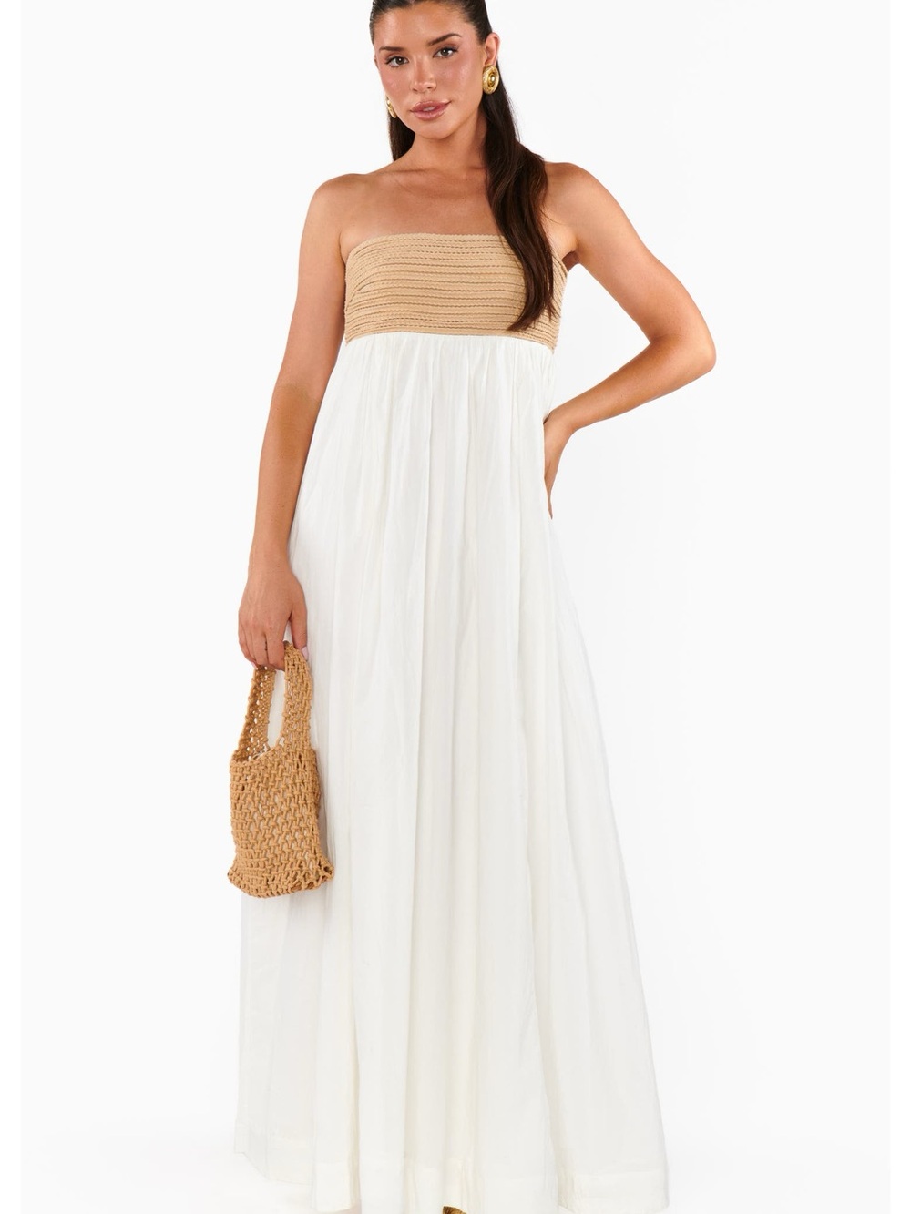 Show Me Your MuMu Strapless Maxi Dress in White and Tan